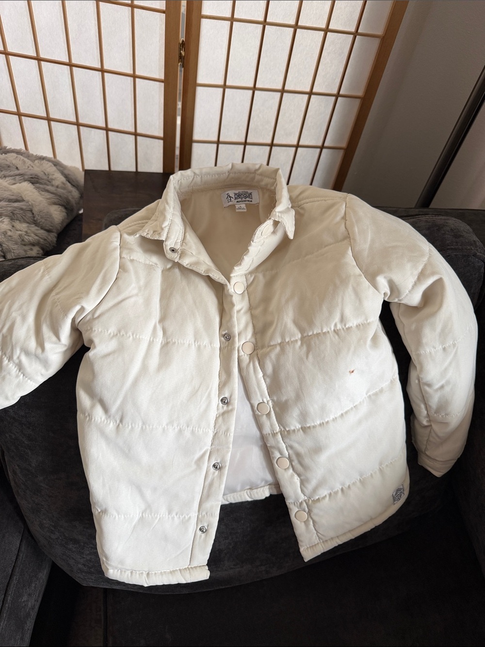 Penguin Cream Puffer Jacket for Kids - Snap Front